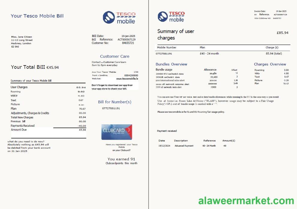 United Kingdom Tesco Mobile utility bill template in Word and PDF formats, 2 pages, version 2